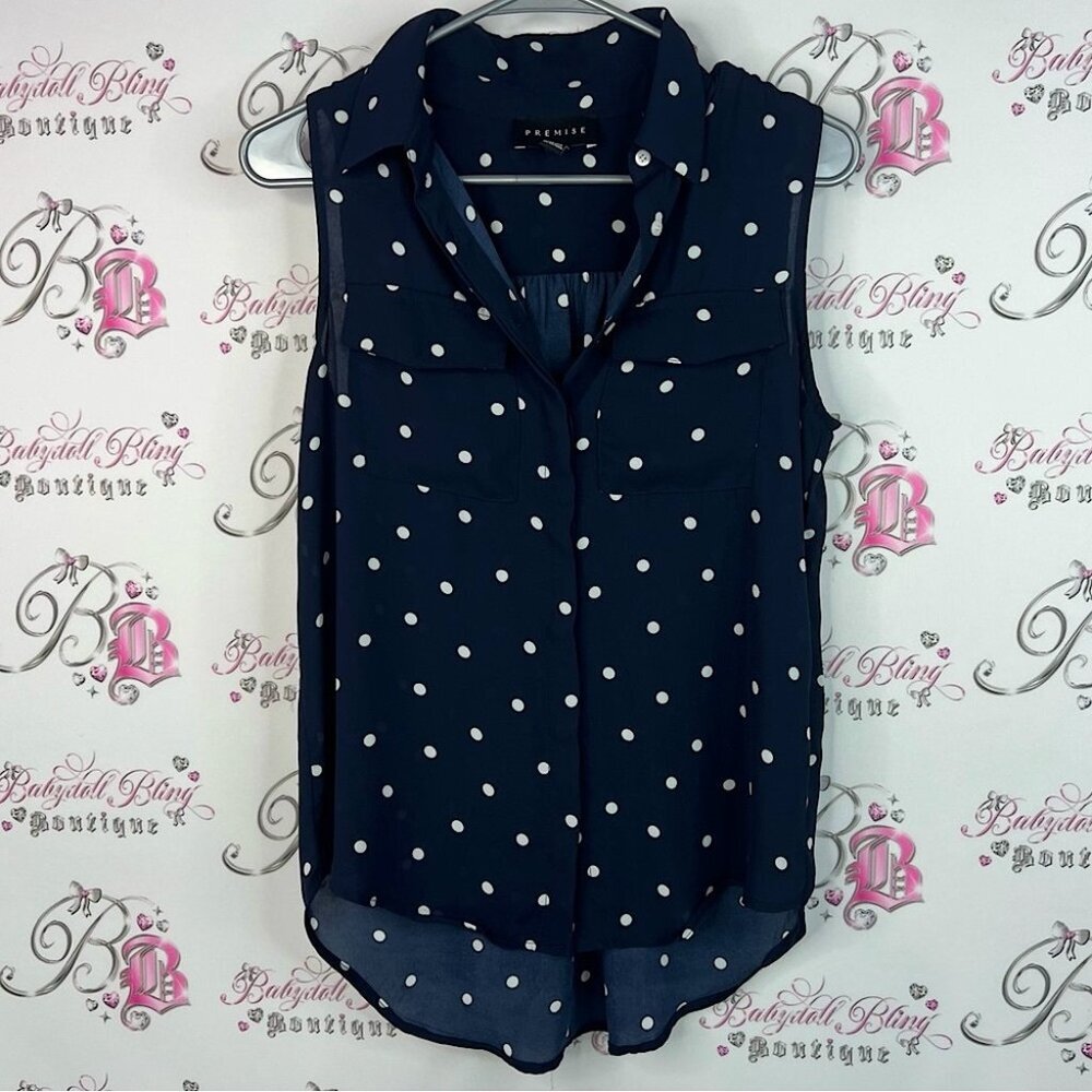 Premise tank top blouse pockets dotted nautical Navy Polka Dot Sleeveless Blouse